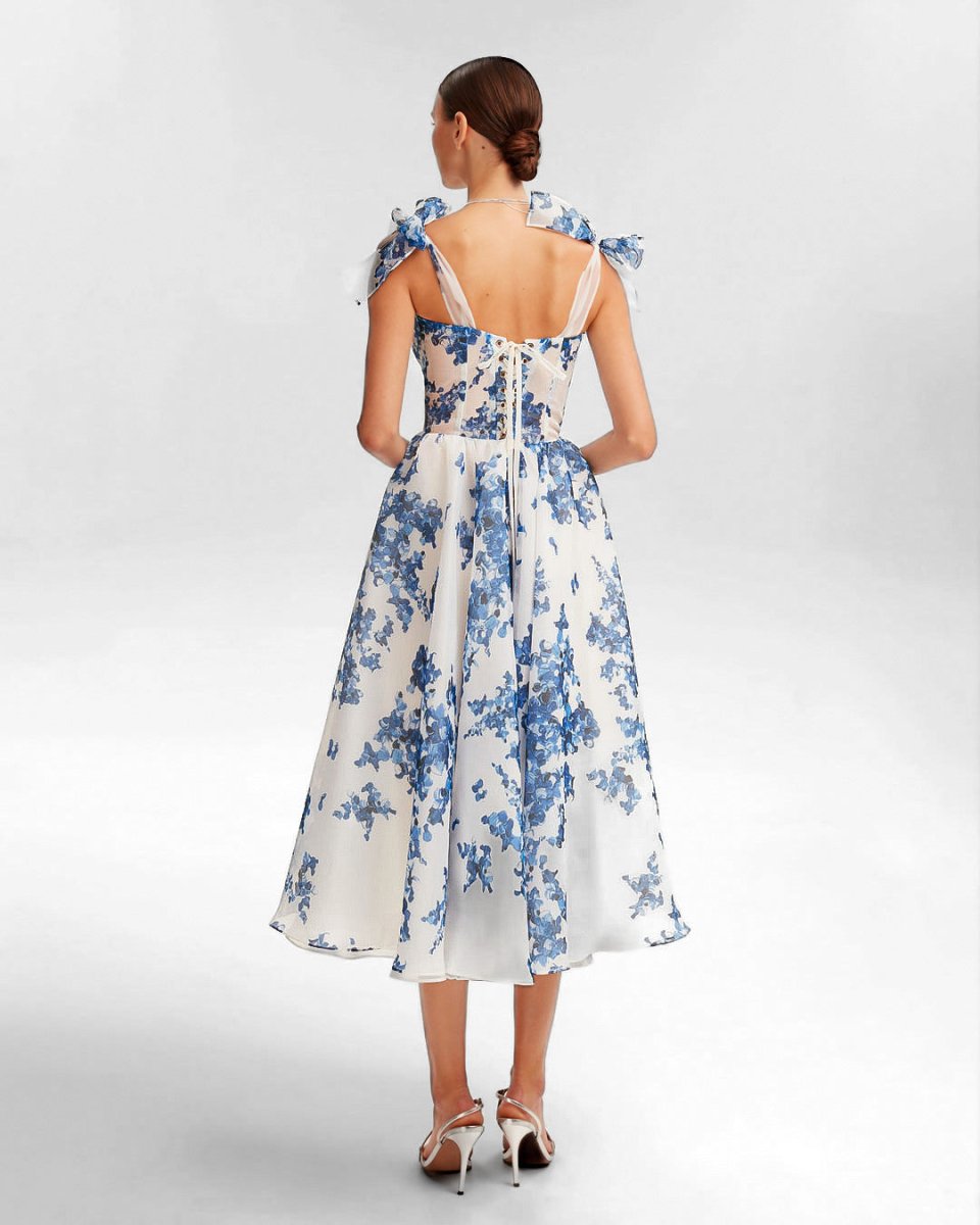 Robe mi-longue imprimé floral bleu