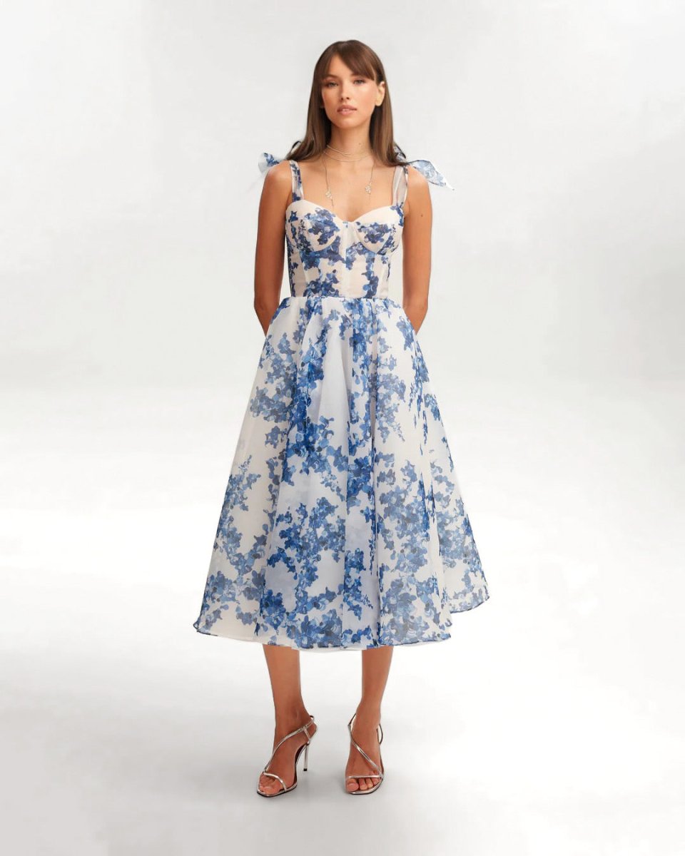 Robe mi-longue imprimé floral bleu