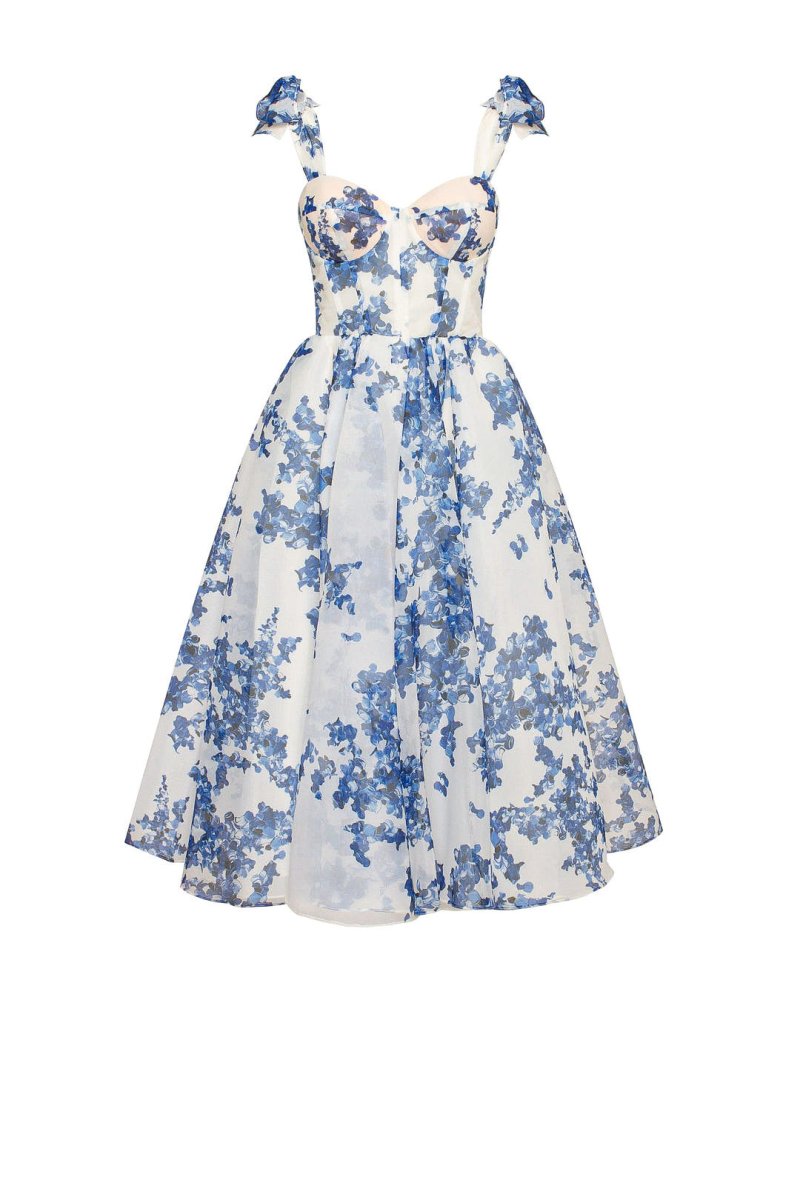 Robe mi-longue imprimé floral bleu